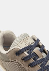 Sneaker beige e grigio con parte superiore in mesh, dettagli in suede, lacci blu navy e un'etichetta in pelle beige con la scritta "Established 1894." Texture liscia.