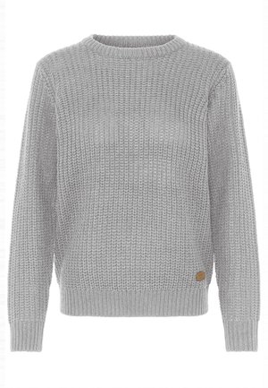 Gråstickad tröja med långa ärmar, rund halsringning och ribbade manschetter. Har ett strukturerat mönster och en liten brun logotyp på sidan.