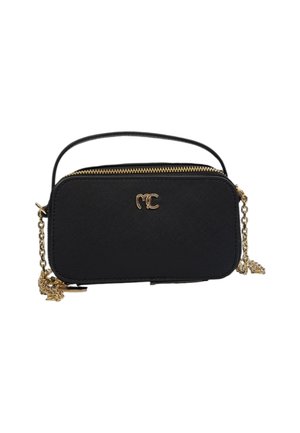 Borsa a mano nera rettangolare realizzata in materiale testurizzato, con zip dorata, logo dorato e tracolla a catena regolabile.