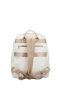 White textured backpack with light beige accents, featuring a front zip pocket and dual adjustable straps. Smooth finish and minimalist design.