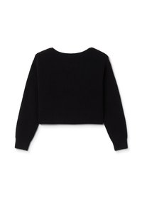 Schwarzer, kurzer Pullover mit gerippter Textur, weitem Ausschnitt und langen Ärmeln. Keine sichtbaren Muster oder Hardware-Details.
