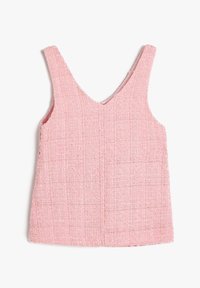 Top senza maniche rosa con scollo a V, realizzato in tessuto testurizzato con un motivo intrecciato. Orlo dritto e design semplice.