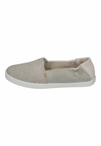 Hellgraue Canvas-Slipper mit einer weißen Gummisohle, die einen engen Sitz, minimalen Nähten und ein kleines Logo an der Seite aufweisen.