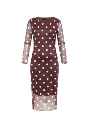 Braunes knielanges Kleid mit weißen Punkten, transparenten langen Ärmeln und transparentem unteren Saum, mit rundem Ausschnitt.