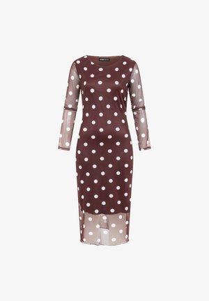 Braunes knielanges Kleid mit weißen Punkten, transparenten langen Ärmeln und transparentem unteren Saum, mit rundem Ausschnitt.