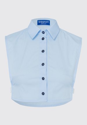 Light blue cropped shirt with short sleeves, featuring a classic collar, six dark buttons, and a left-side pocket, made of smooth fabric.