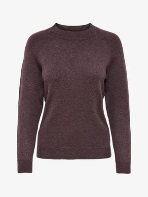 Rjav pleten pulover z okroglim izrezom, raglan rokavi in rebrastimi manšetami. Mehka tekstura, enotna barva in sproščen kroj.