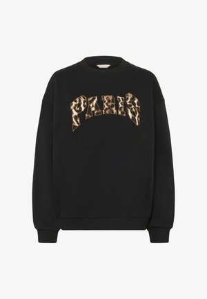 Sweatshirt noir avec un motif léopard qui écrit "PARIS" en lettres majuscules sur la poitrine. Col et poignets côtelés.