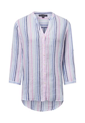 Lightweight, button-up shirt with a band collar, featuring vertical stripes in pastel blue, pink, and white. Long sleeves with roll-up detail.