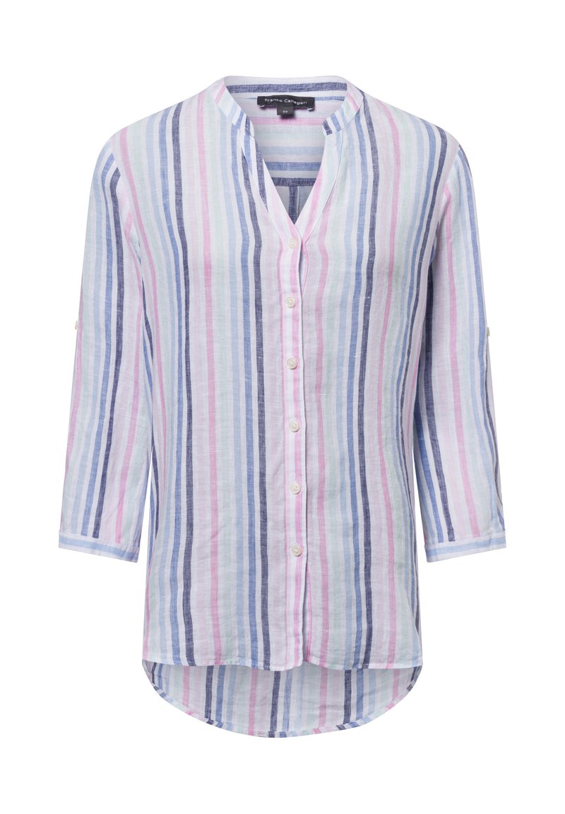 Lightweight, button-up shirt with a band collar, featuring vertical stripes in pastel blue, pink, and white. Long sleeves with roll-up detail.