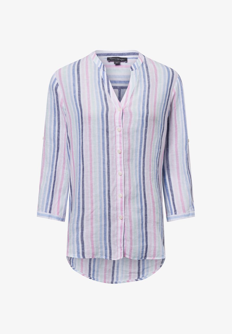 Lightweight, button-up shirt with a band collar, featuring vertical stripes in pastel blue, pink, and white. Long sleeves with roll-up detail.