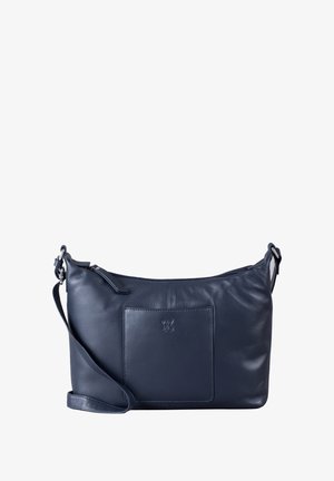 Navy blue leather shoulder bag with a smooth texture, zip closure, adjustable strap, and a front pocket featuring embossed logo detail.