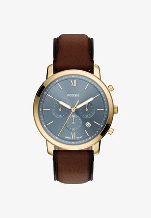 Fossil watch with a gold stainless steel case, blue dial, three subdials, and brown leather strap. Features Roman numerals and date display.
