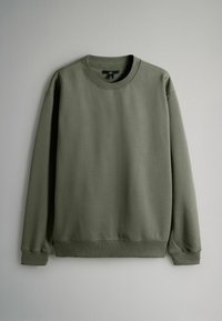 Zelená mikina s okrúhlym výstrihom, dlhými rukávmi, rebrovanými manžetami a lemom. Mäkká textúra, jednoduchý dizajn bez vzorov alebo akcentov.