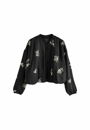 Chaqueta bomber negra corta con mangas largas, bordado floral, puños elásticos y diseño de frente abierta sin cuello.