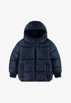 Veste d'hiver matelassée bleu marine avec capuche, fermeture éclair frontale, poches latérales et poignets côtelés, conçue pour la chaleur et le confort.