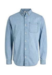 Hellblaues Denim-Hemd mit Knöpfen, langen Ärmeln, Kragen, Fronttasche und dezenter Textur. Verfügt über weiße Knöpfe entlang der Knopfleiste.