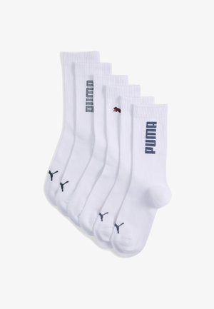 Five pairs of white socks, featuring ribbed texture, varying logos in dark blue and maroon, and a small logo at the toe.