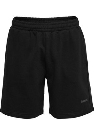 Shorts de sport noirs avec taille élastique et petit logo "hummel" sur la partie inférieure droite de la jambe, conçus pour un usage décontracté ou sportif.