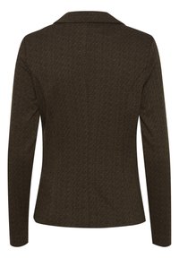 Blazer marron à motif chevrons avec manches longues et vue arrière cintrée.