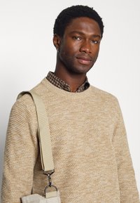 Maglione beige con un motivo lavorato a maglia testurizzato. Indossato sopra una camicia marrone a quadretti. Cinghia della borsa beige con un clip nero visibile sulla spalla.