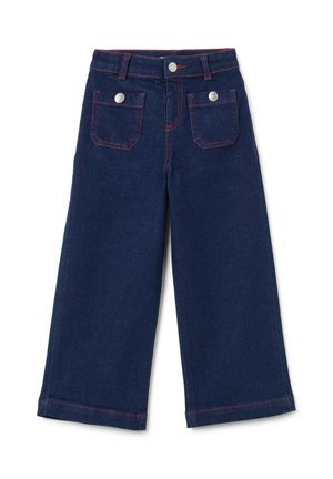 Jeans a gamba larga di un blu scuro, realizzati in denim, con dettagli di cucitura rossa, due tasche anteriori e due tasche posteriori con bottoni metallici.