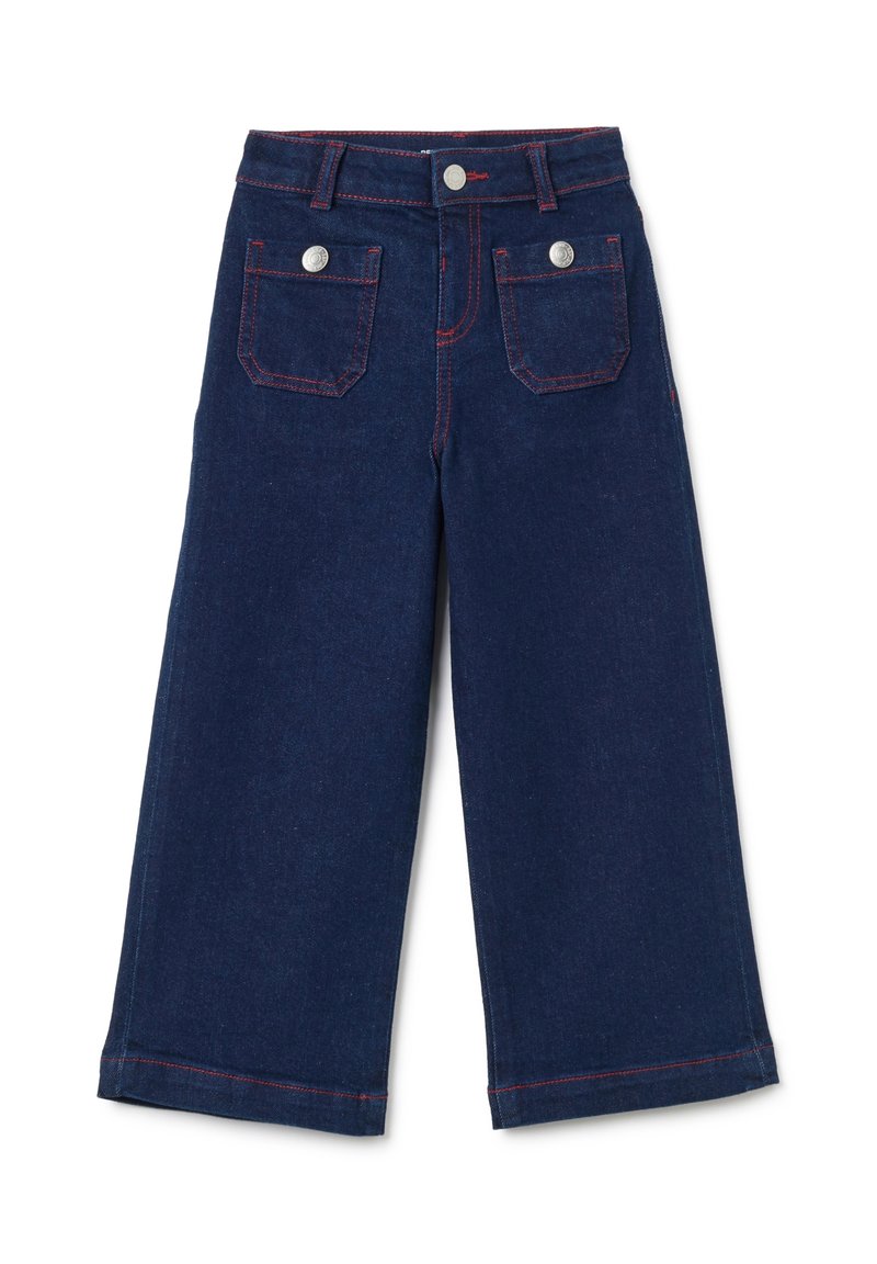 Vaqueros de pierna ancha azul oscuro hechos de mezclilla, con detalles de costura roja, dos bolsillos delanteros y dos bolsillos traseros con botones de metal.