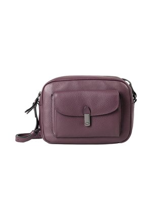 Borsa a tracolla in pelle viola con tasca frontale con pattina, chiusura superiore con zip e tracolla regolabile. Superficie texture e dettagli metallici.