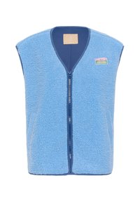 Blauer ärmelloser Sherpa-Fleece-Westen mit Frontreißverschluss und kleinem bunten Patch auf der oberen linken Brust.