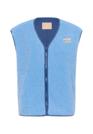 Zila bez piedurknēm šerpa vilnas veste ar priekšējo rāvējslēdzēju un mazu krāsainu uzlīmi kreisajā augšējā krūtī.