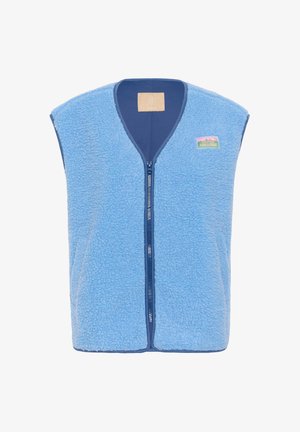 Sinine varrukateta sherpa fliisist vest, millel on esiistukett ja väike värviline plekk vasakul ülemisel rinnal.