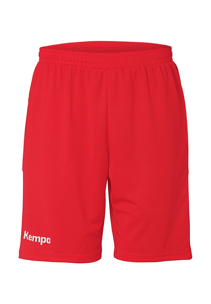 Red athletic shorts made from lightweight fabric, featuring an elastic waistband and a white "Kempa" logo on the lower left leg.