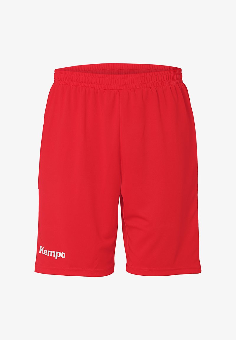 Red athletic shorts made from lightweight fabric, featuring an elastic waistband and a white "Kempa" logo on the lower left leg.