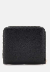 Portefeuille zippé en cuir noir avec une finition texturée, en forme rectangulaire et des détails de fermeture éclair en doré. Sans logos ni motifs visibles.