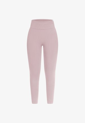 Rosa hochtaillierte Leggings aus dehnbarem Stoff. Sie verfügen über eine glatte Textur und ein figurbetontes Design, das am Knöchel verjüngt. Keine sichtbaren Nähte.