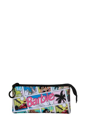 Estuche de lápices con un diseño impreso colorido de Barbie y ilustraciones al estilo cómic. Hecho de tela con una cremallera negra y un lazo.