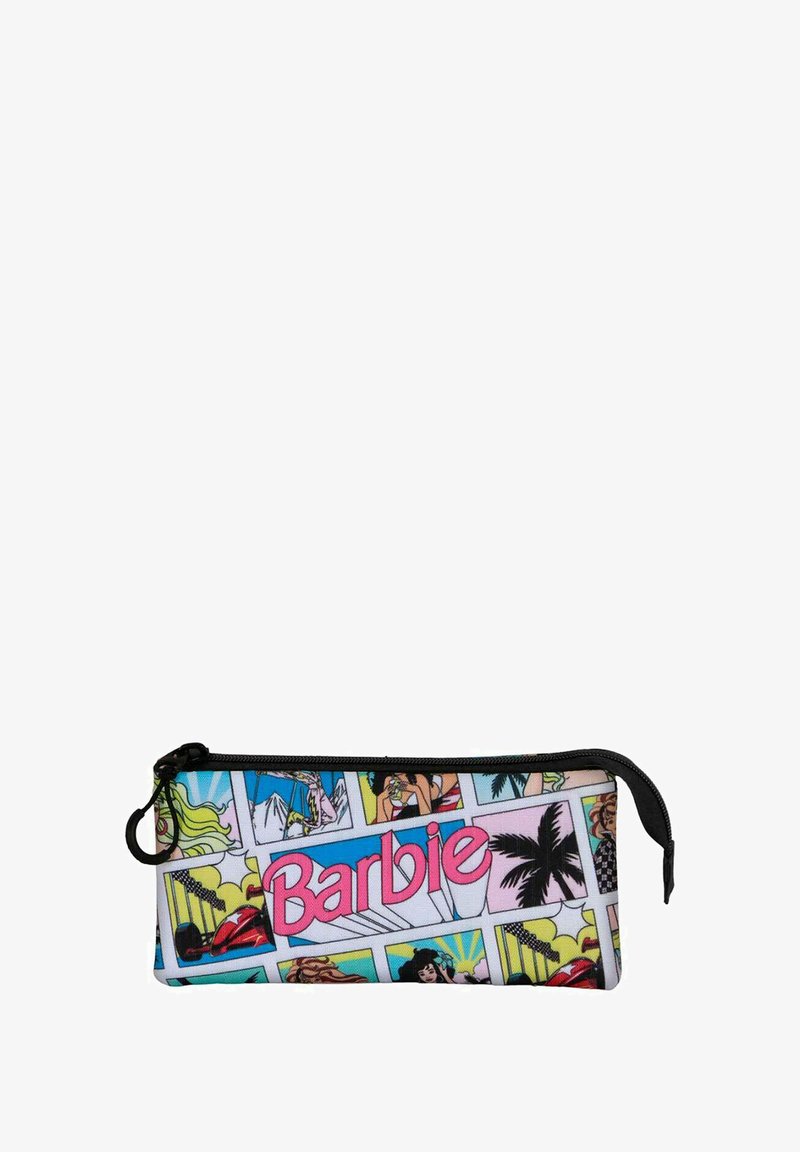 Trousse à crayons avec un design imprimé coloré de Barbie et des illustrations de style bande dessinée. Fabriquée en tissu avec une fermeture éclair noire et une lanière.