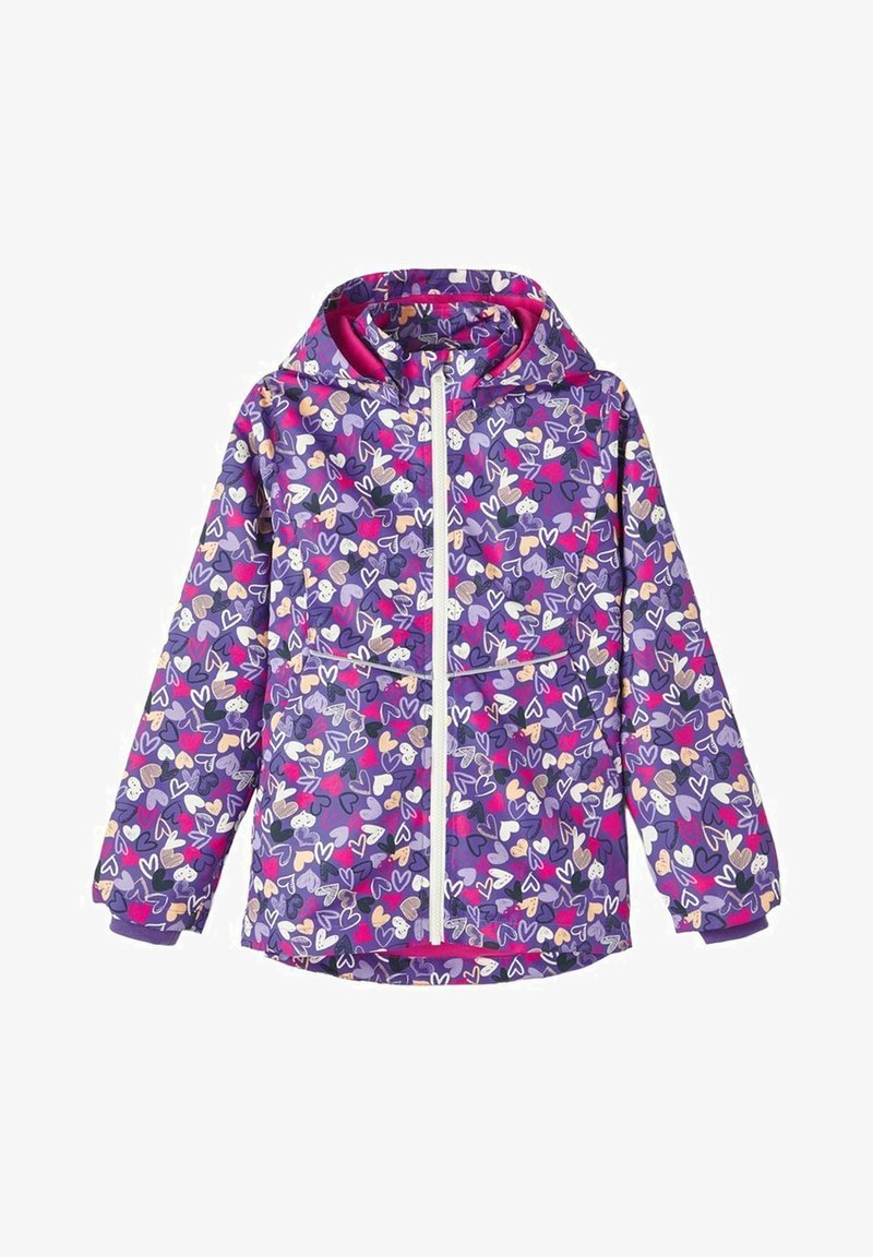 Veste violette avec un motif de cœurs multicolore en rose, blanc et lavande. Comprend une capuche et une fermeture à glissière sur le devant.