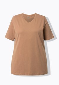 T-shirt en coton brun clair uni, col en V, manches courtes, vue de face, sur fond blanc.