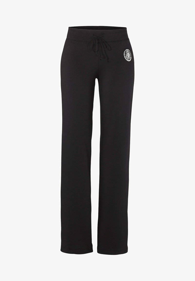 Schwarze Sweatpants aus weichem Material mit einem Kordelzugbund und einem kleinen runden Logo an der linken Hüfte. Gerades Bein-Design ohne Muster.