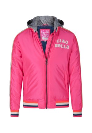 Jasnoróżowa kurtka bomberka zapinana na zamek z szarym kapturem, paskowanymi mankietami i dołem oraz białym napisem „CIAO BELLA” na lewej piersi.
