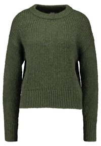 Grüner gerippter Strickpullover mit langen Ärmeln und Rundhalsausschnitt, aus einem leicht fusseligen Stoff gefertigt.