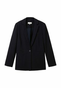 Námořnický blazer vyrobený z texturované tkaniny, s jednobuttonovým zapínáním, klopovými límci a dvěma předními kapsami.