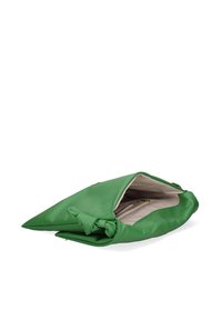 Groene leren handtas met een gevouwen ontwerp en strikaccent. Het interieur is gevoerd en heeft een ritsvak.