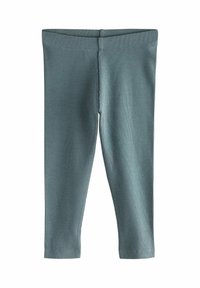 Leggings a costine in un colore teal attenuato, con una cintura elastica e una vestibilità aderente, progettati per comfort e facilità di movimento.