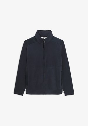 Fleece-takki tumman sinisen värisenä, jossa on korkea kaulus, etuvetoketju ja kaksi sivutaskua. Takissa on kontrastiväriset olkapanelit ja pehmeä pinta.