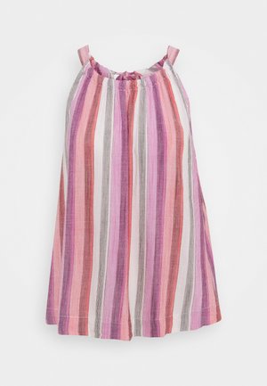 Sukienka bez rękawów w pionowe paski w kolorach różowym, fioletowym, białym, szarym i koralowym, z cienkimi ramiączkami na ramiona i marszczonym dekoltem.
