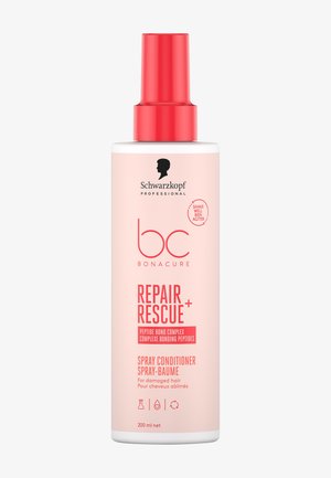 Schwarzkopf BC Bonacure Repair Rescue Spray-Conditioner für geschädigtes Haar mit Peptid-Bindungskomplex in einer 200 ml weißen Flasche mit rotem Verschluss.