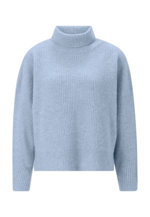 Šviesiai mėlynas turtleneck megztinis su rausva tekstūra, per didelė ąsa ir numesti pečiai; minkšta medžiaga ir atsipalaidavęs dizainas.