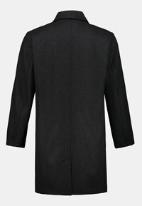 Abrigo de lana negra con un diseño ajustado, que presenta un cuello de muesca, puños con tres botones y una parte trasera recta sin cierres visibles.